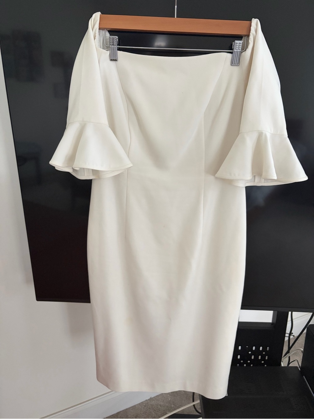 Black Halo Cream Strapless Midi Dress with Ruffle Sleeves